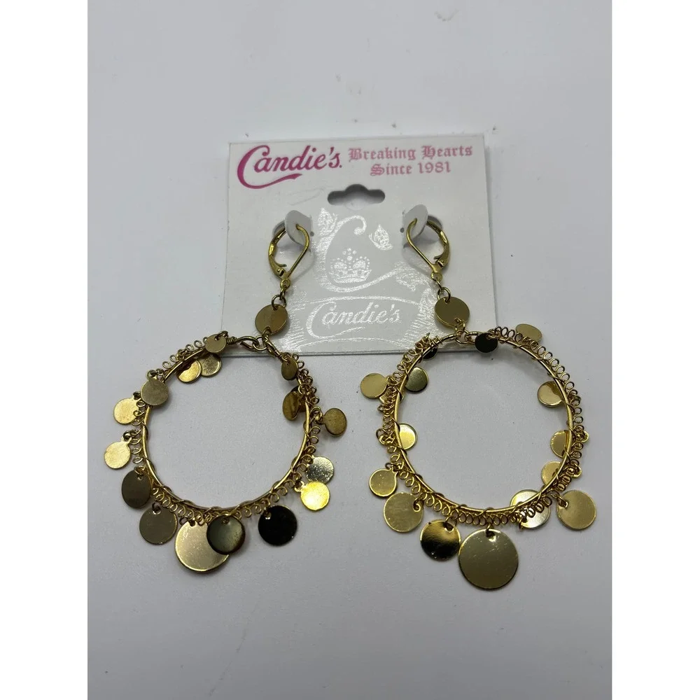 Candies Gold Tone Hoop Earrings with Dangling Disc Charms Boho Statement Jewelry